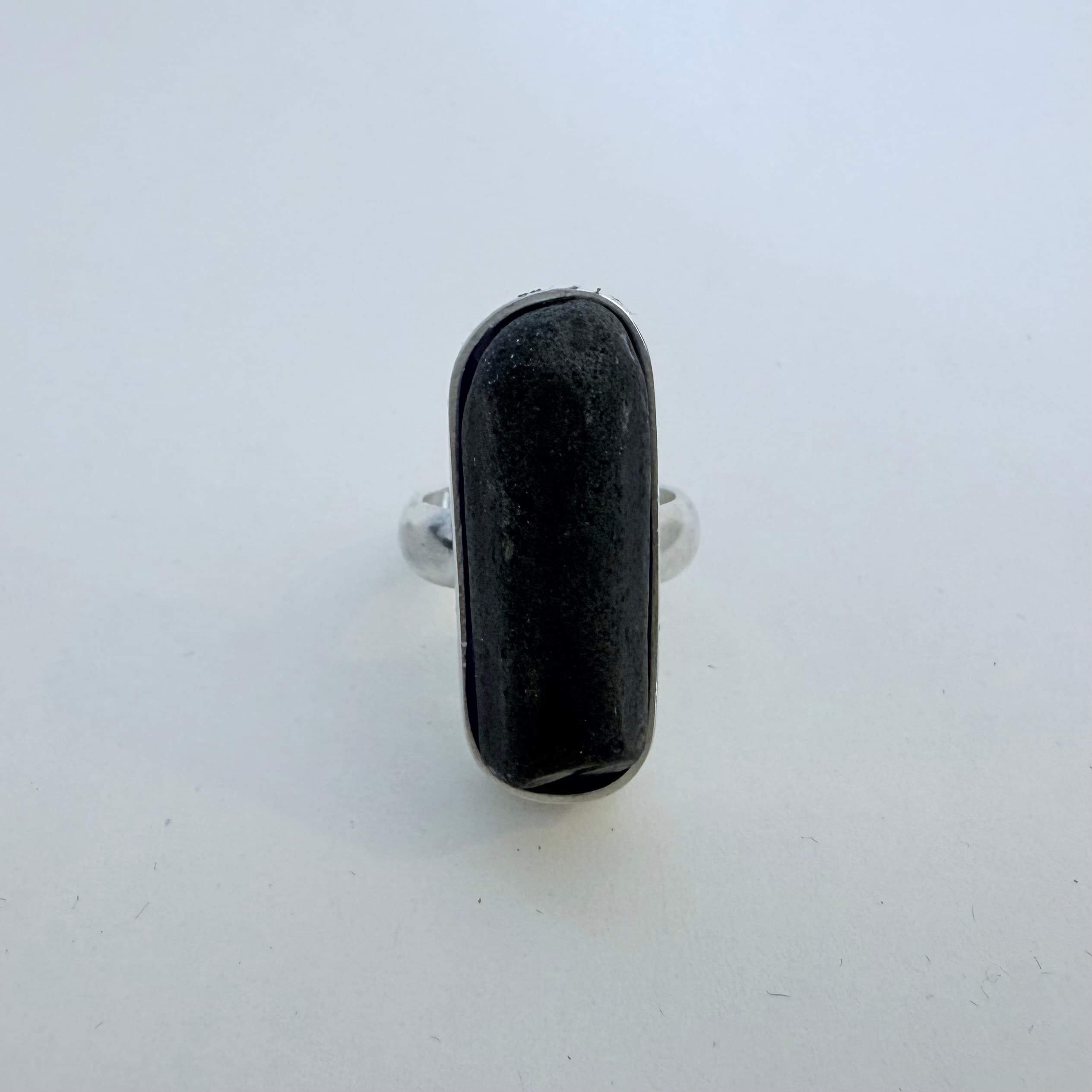 Dark blue sea glass cabochon ring