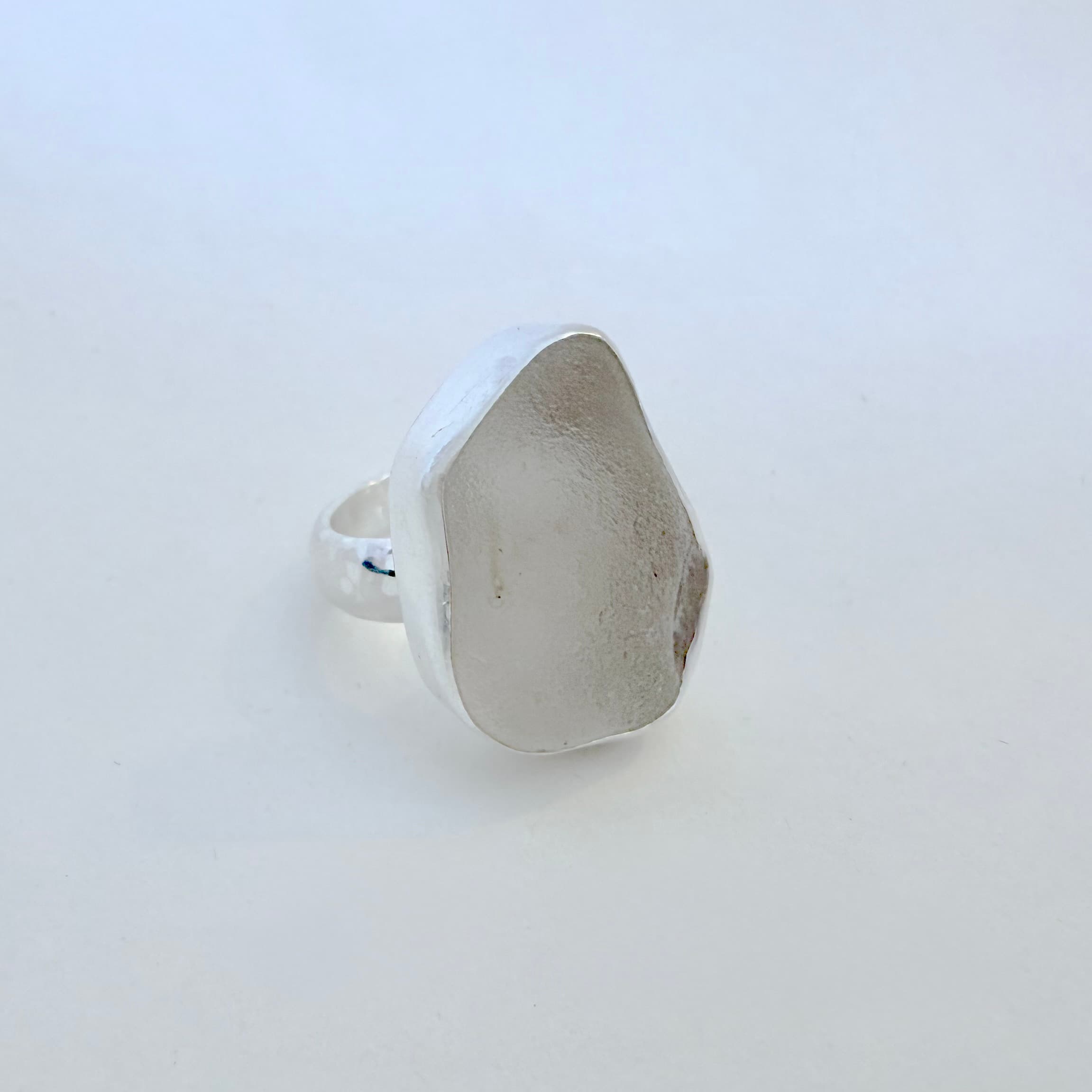 White sea glass cabochon ring